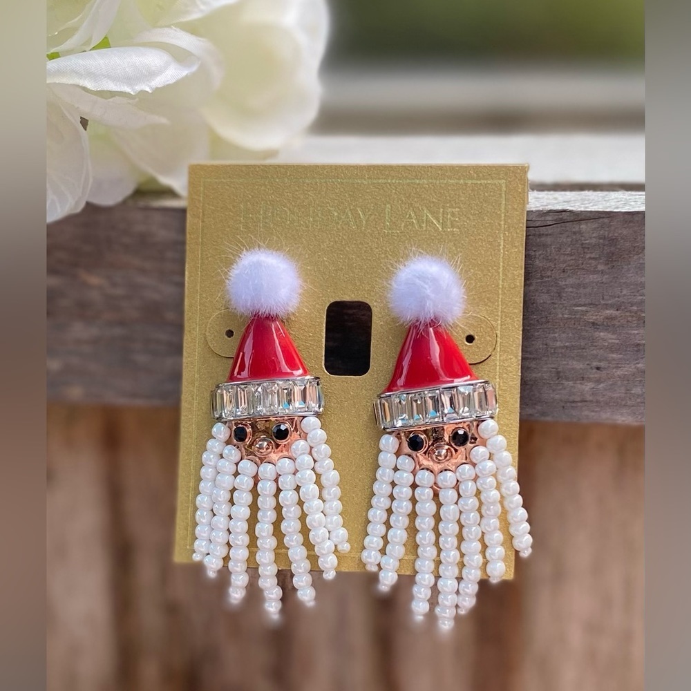NWT HOLIDAY LANE SILVER TONE CRYSTAL, BEAD AND POM-POM SANTA EARRINGS